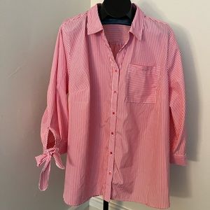 Cato collared coral white stripe button down with bow cuff accent 3x